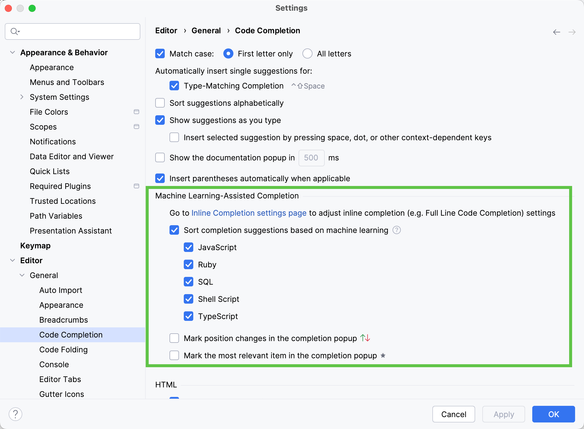 ML-assisted completion settings ML-assisted completion settings