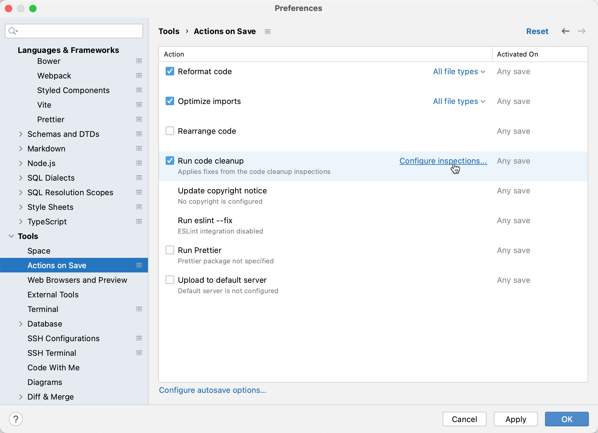 Settings: Actions on save Settings: Actions on save