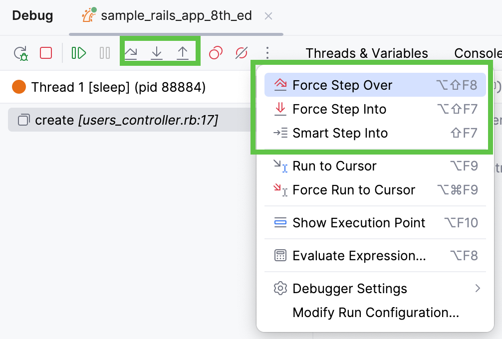 Stepping buttons in the Debug tool window