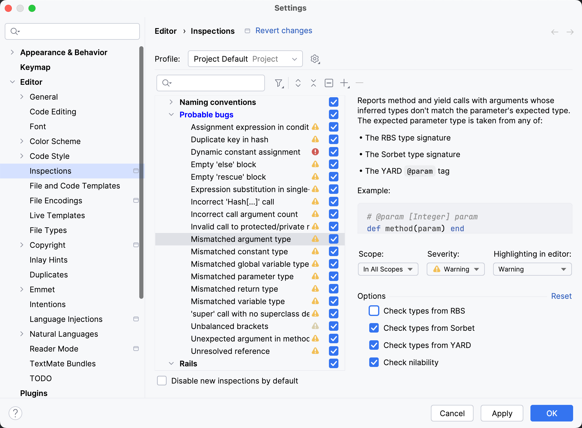 Disable certain providers of probable bug inspections