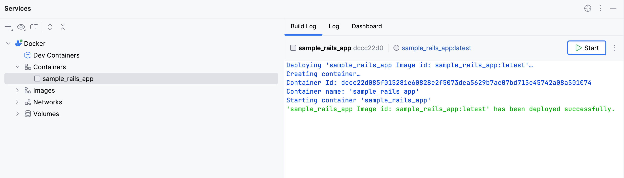 The Build Log tab of a container selected in the Services tool window The Build Log tab of a container selected in the Services tool window