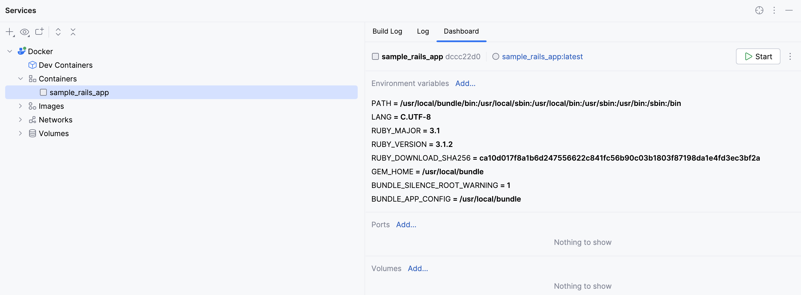 The Dashboard tab of a container selected in the Services tool window The Dashboard tab of a container selected in the Services tool window