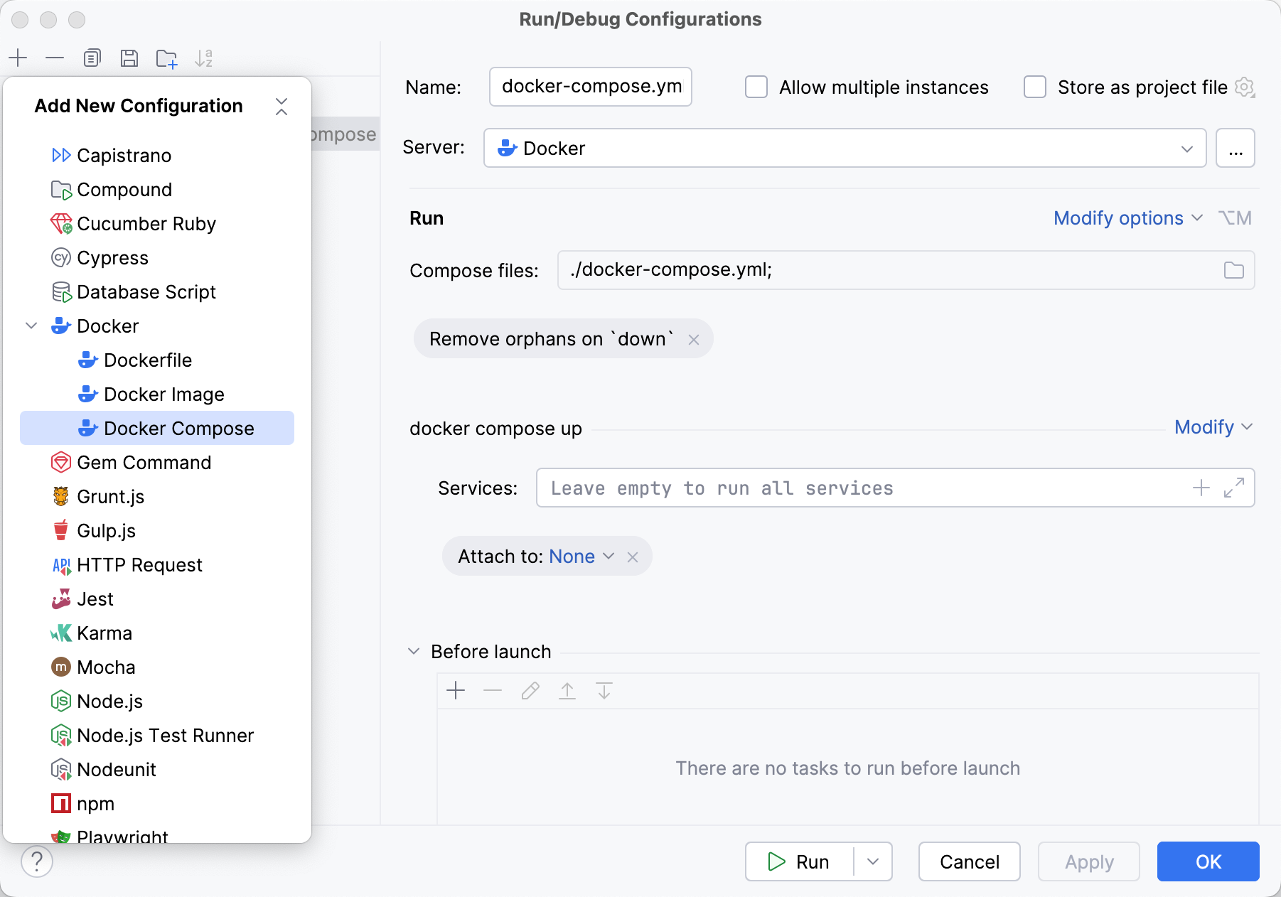 Docker Compose run configuration dialog