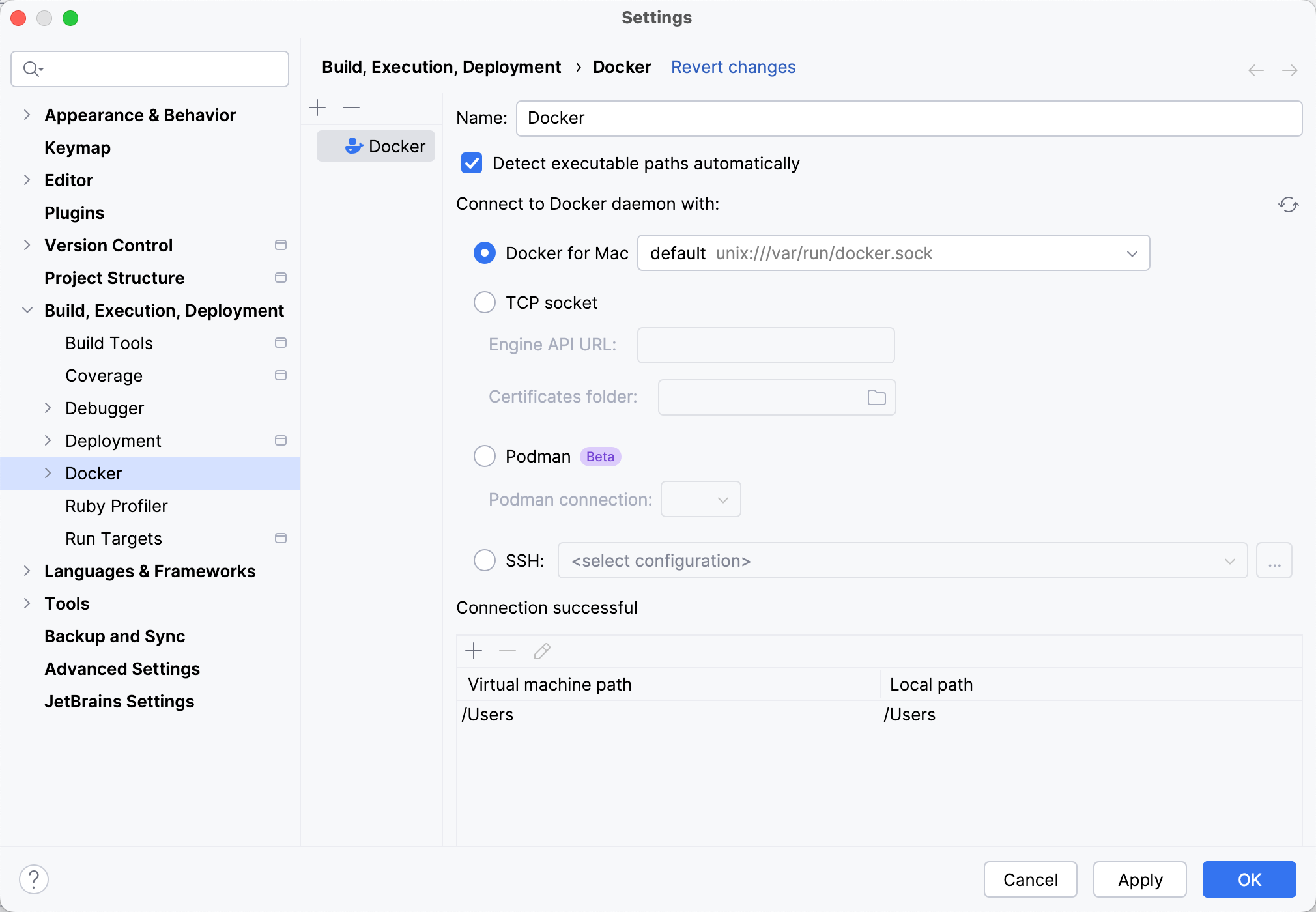 Docker connection settings