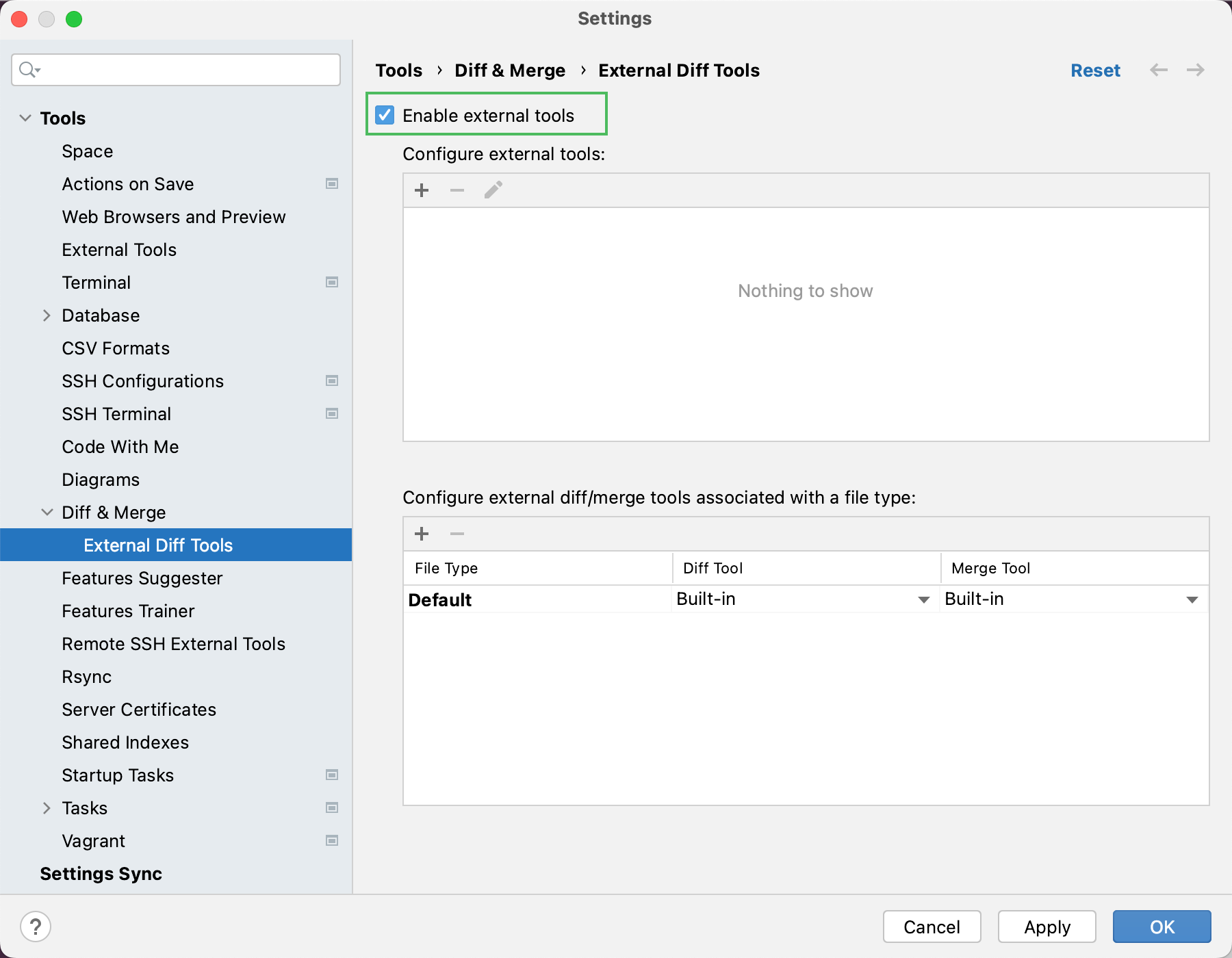 Enable external diff tools Enable external diff tools