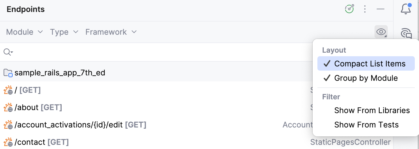 Options of the Endpoints tool window