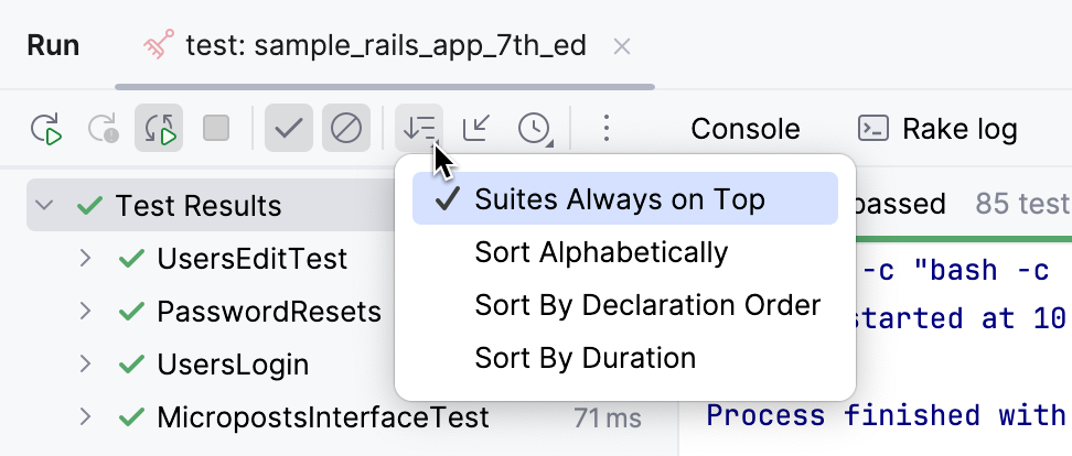 Filter test results options in the tests results toolbar Filter test results options in the tests results toolbar