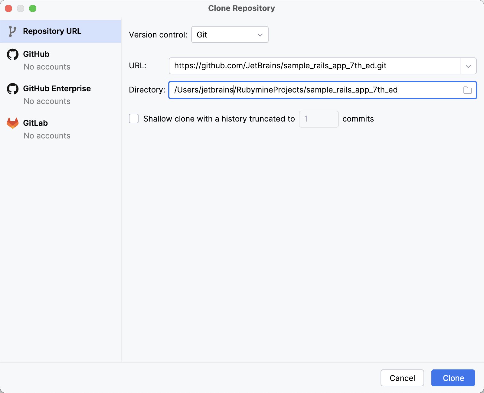 Clone Repository dialog