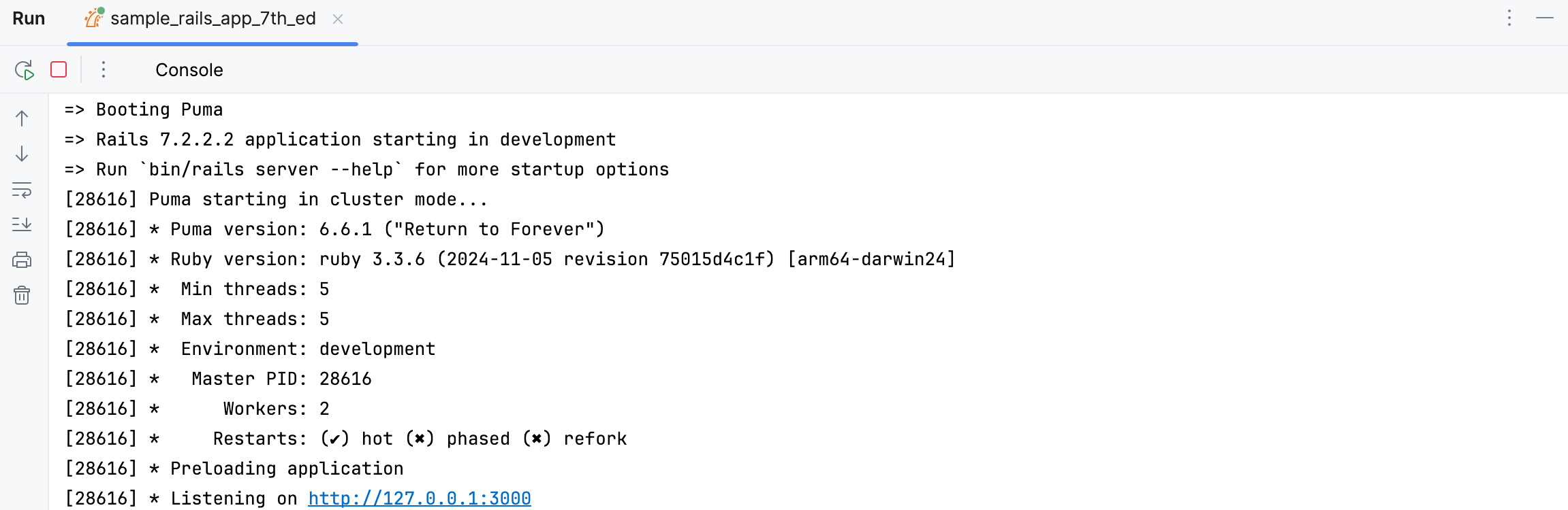 Run tool window / run Rails application