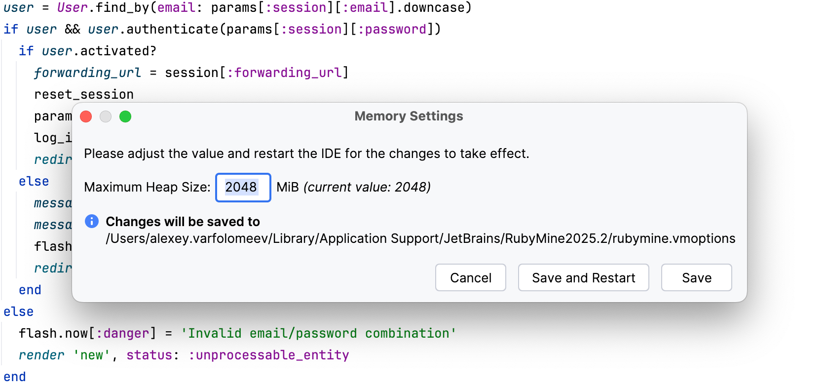 Increasing heap in the Change Memory Settings dialog