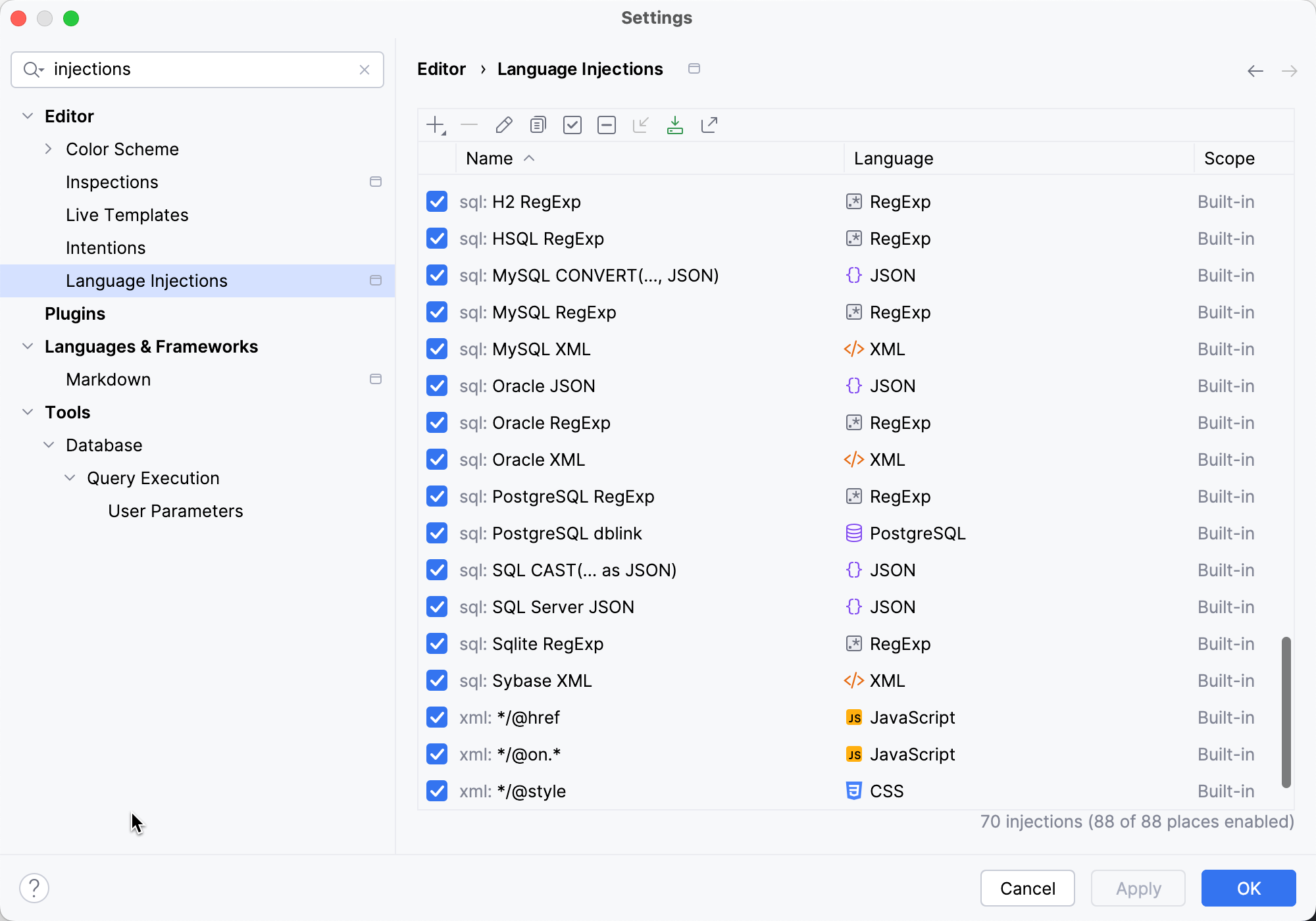 Language injection settings