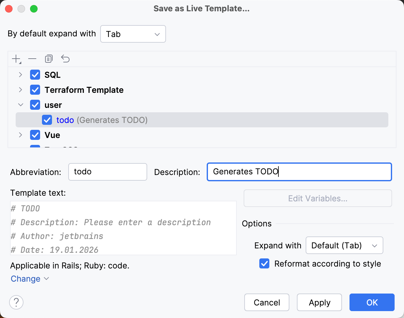 Save as live template