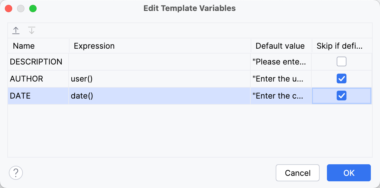 Edit template variables dialog