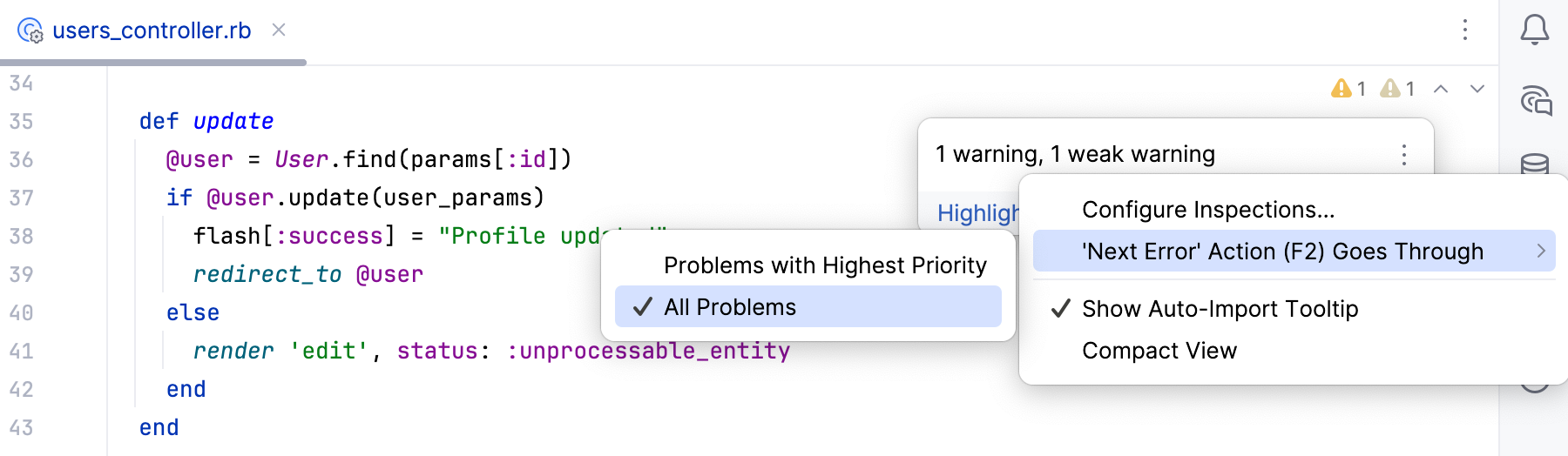 Configuring navigation between highlighted lines