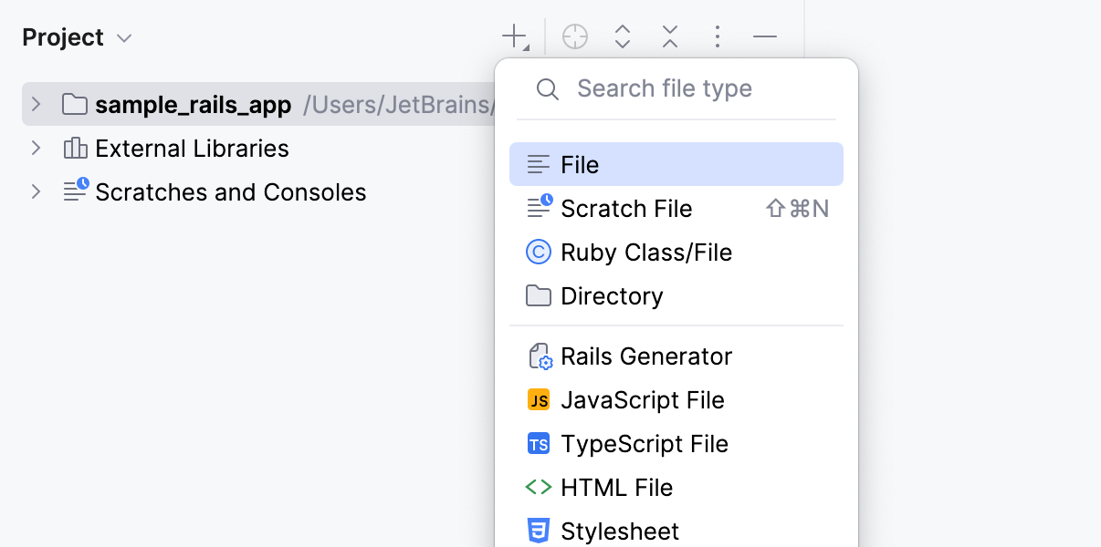 Add files from Project tool window toolbar