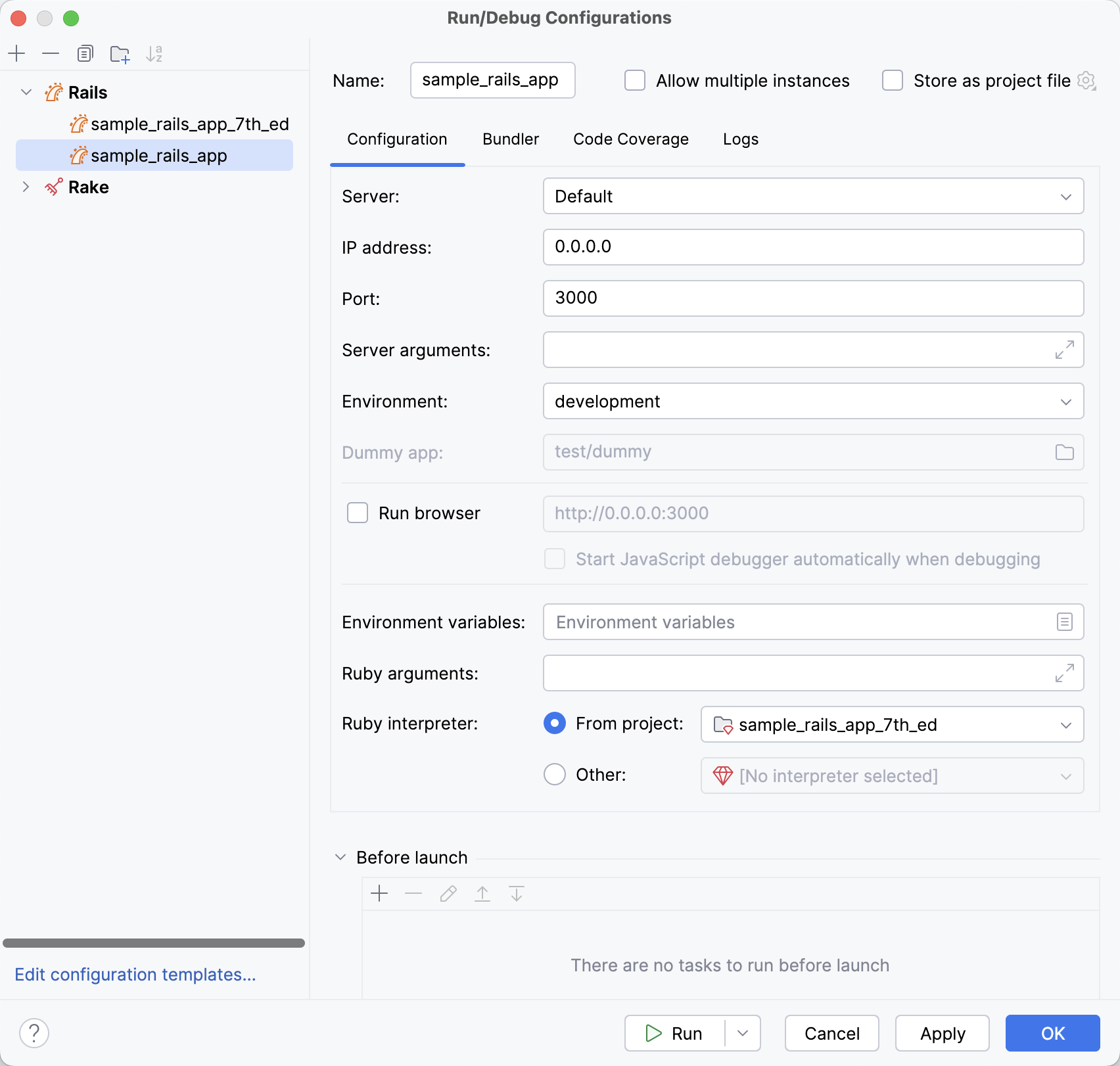 Run/Debug Configurations: Rails