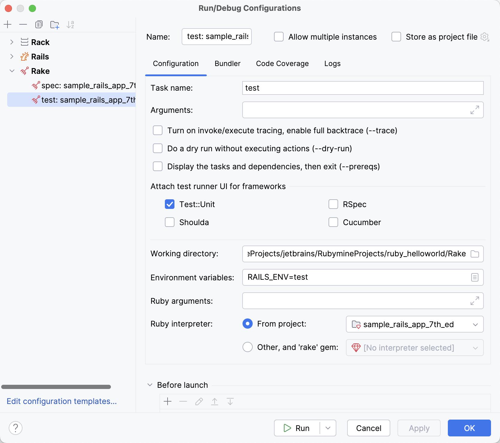 Run/Debug Configurations: Rake