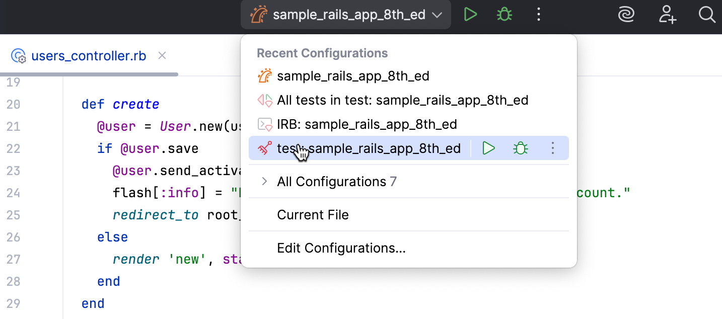 Selecting and running a configuration from the toolbar