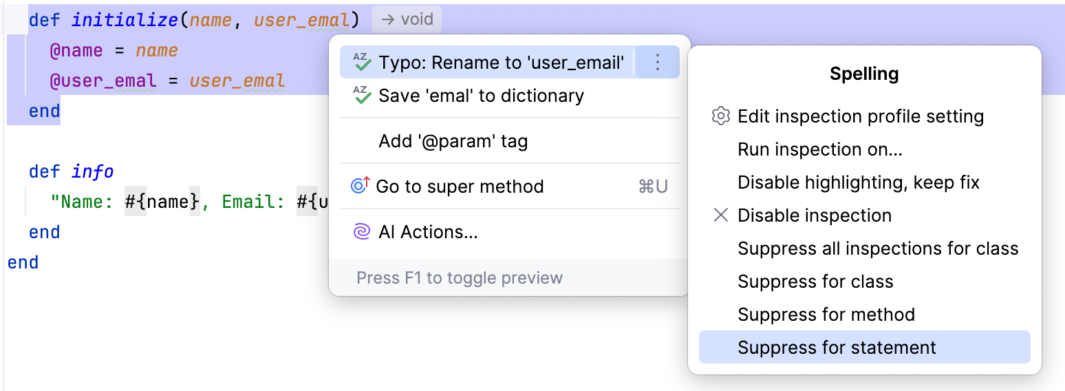 How to suppress the Typo inspection