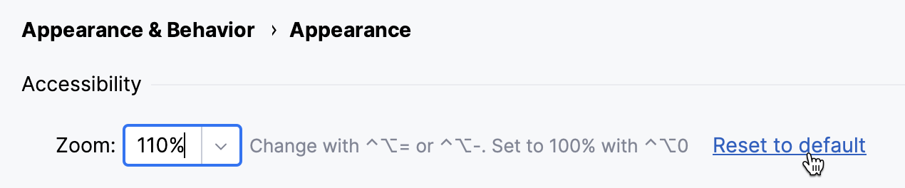 Accessibility section with Zoom field at 110%, Reset to default link highlighted with cursor