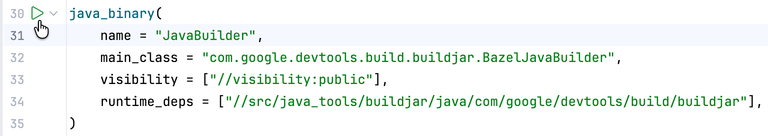 The gutter icon popup with the Run action selected