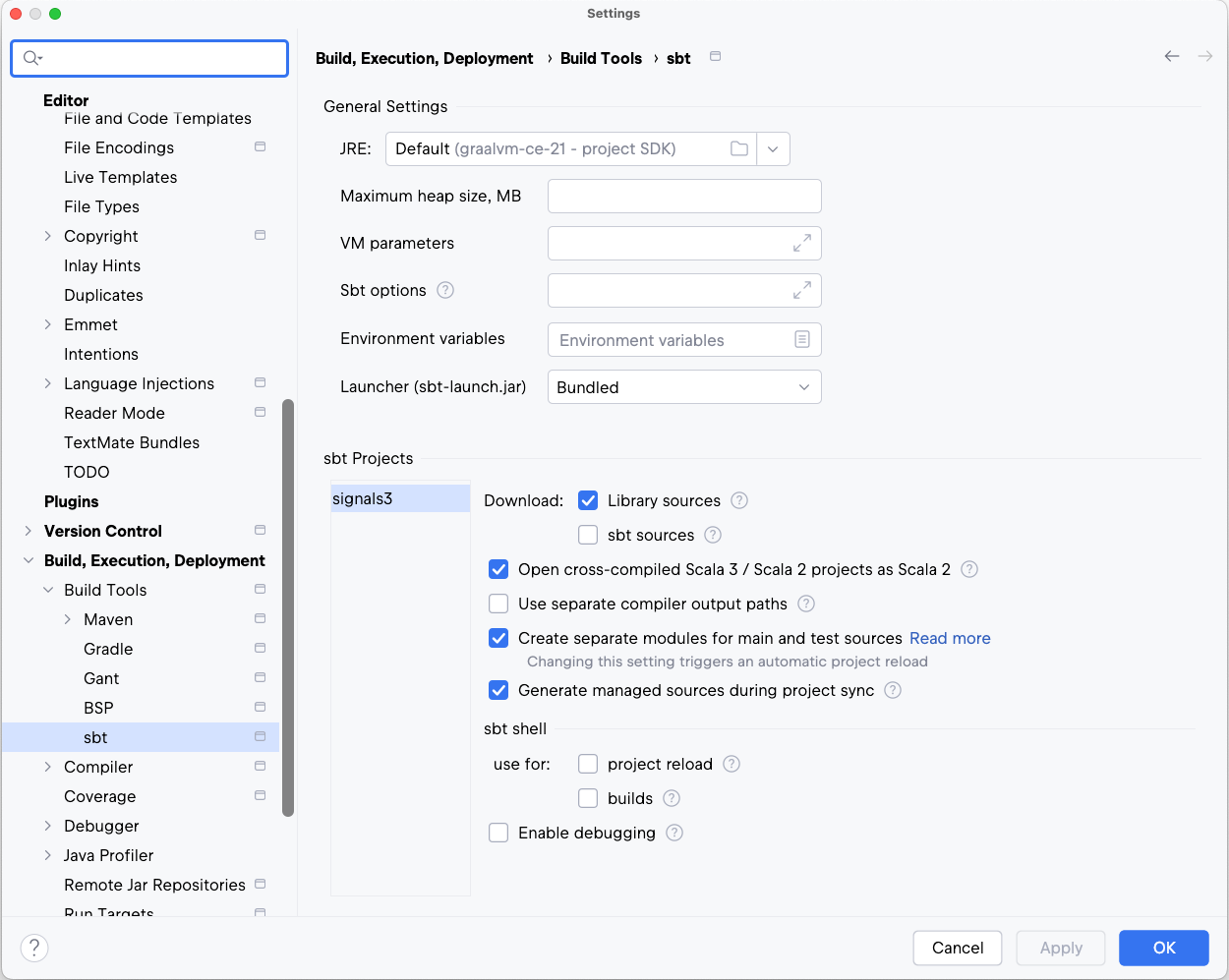 sbt settings: sbt projects section