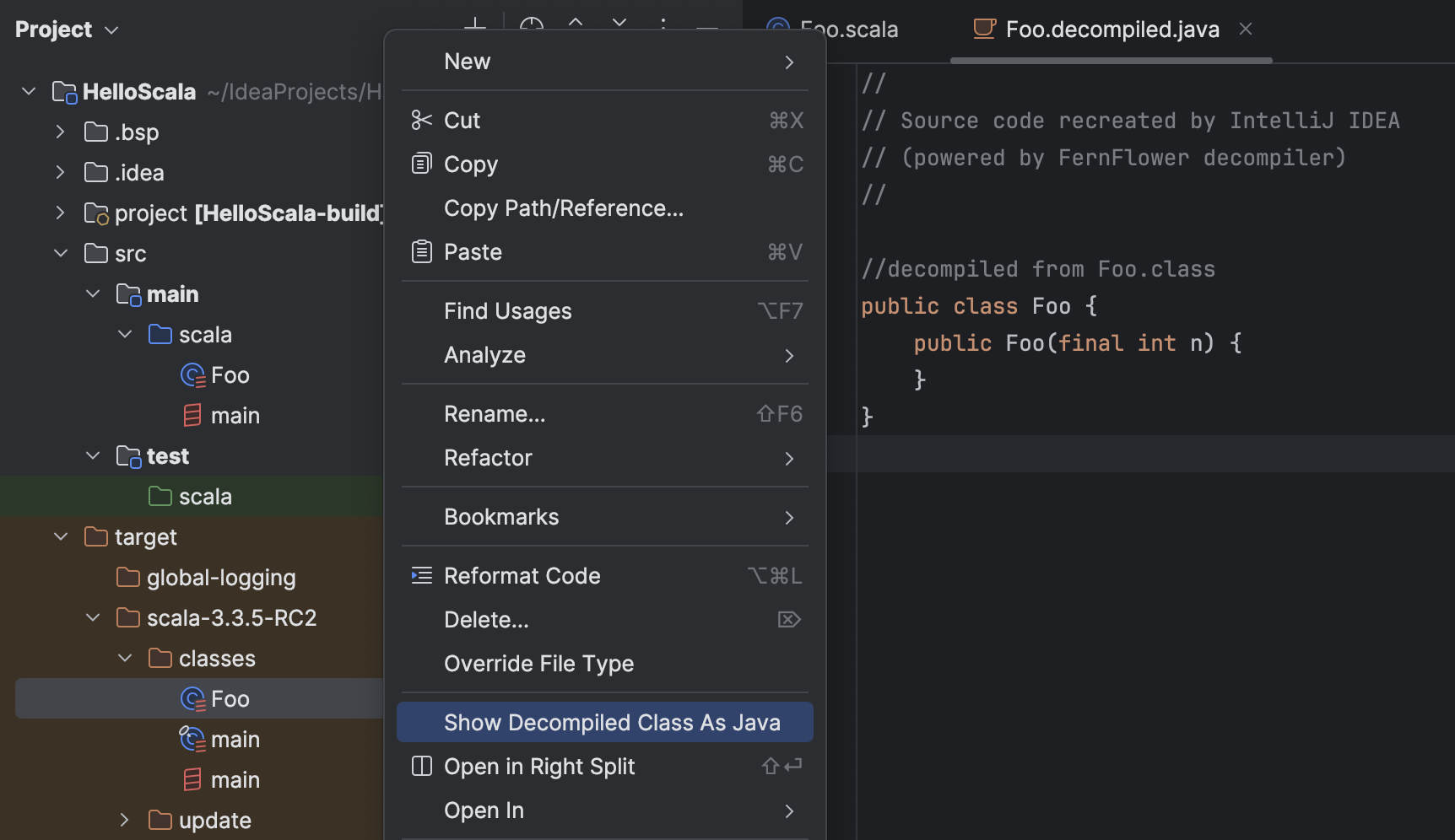 Scala コードを逆コンパイルしてバイトコードを見る | IntelliJ IDEA ドキュメント