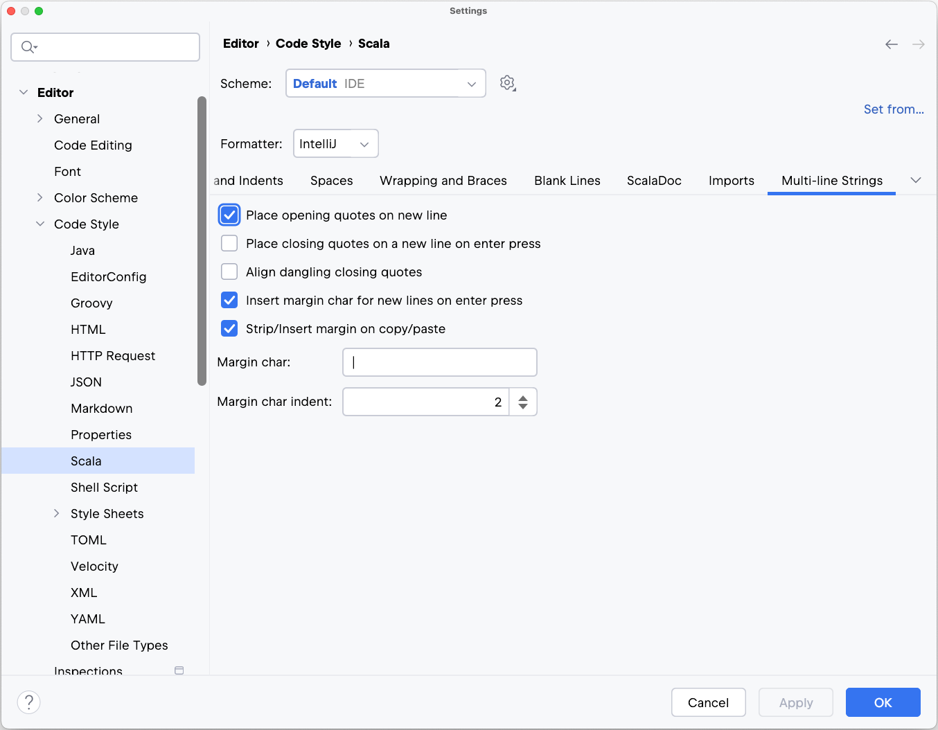 the Multi-line strings settings