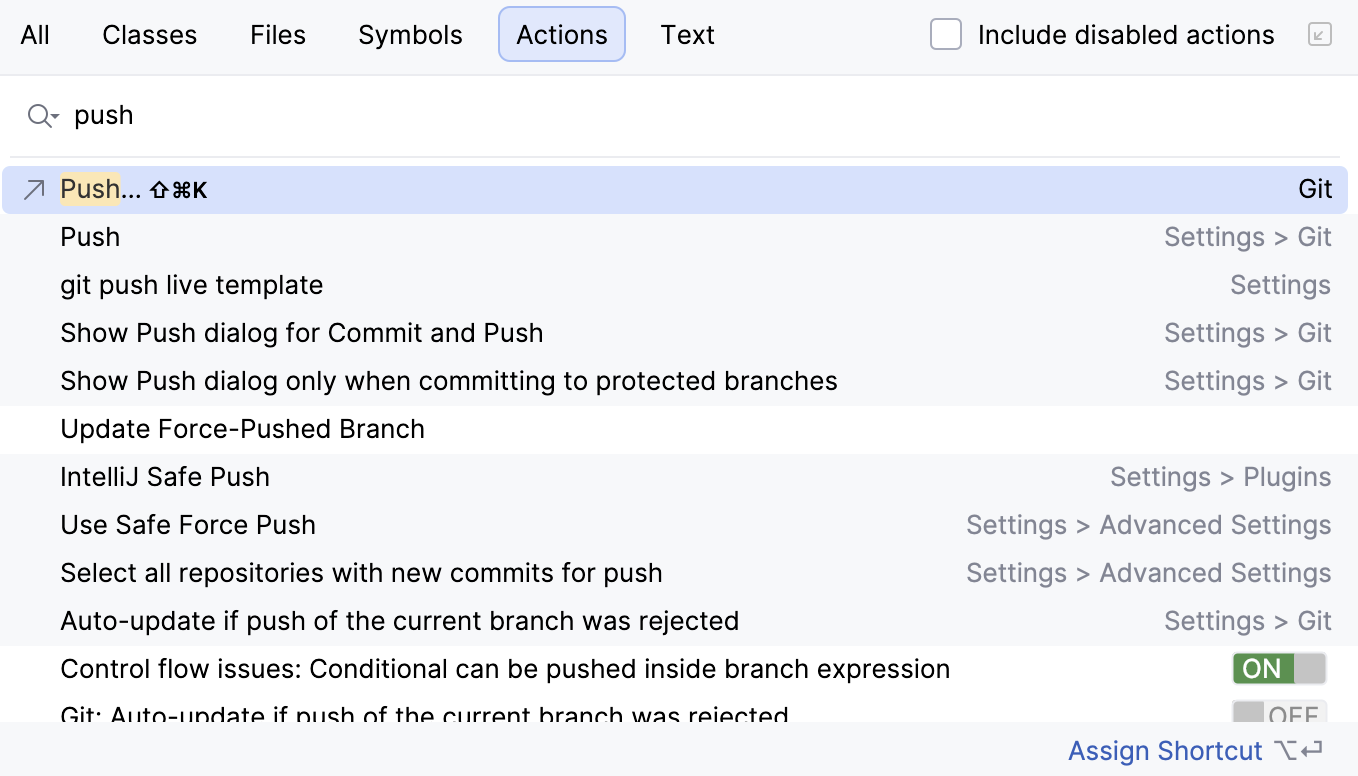 Search for push action Search for push action