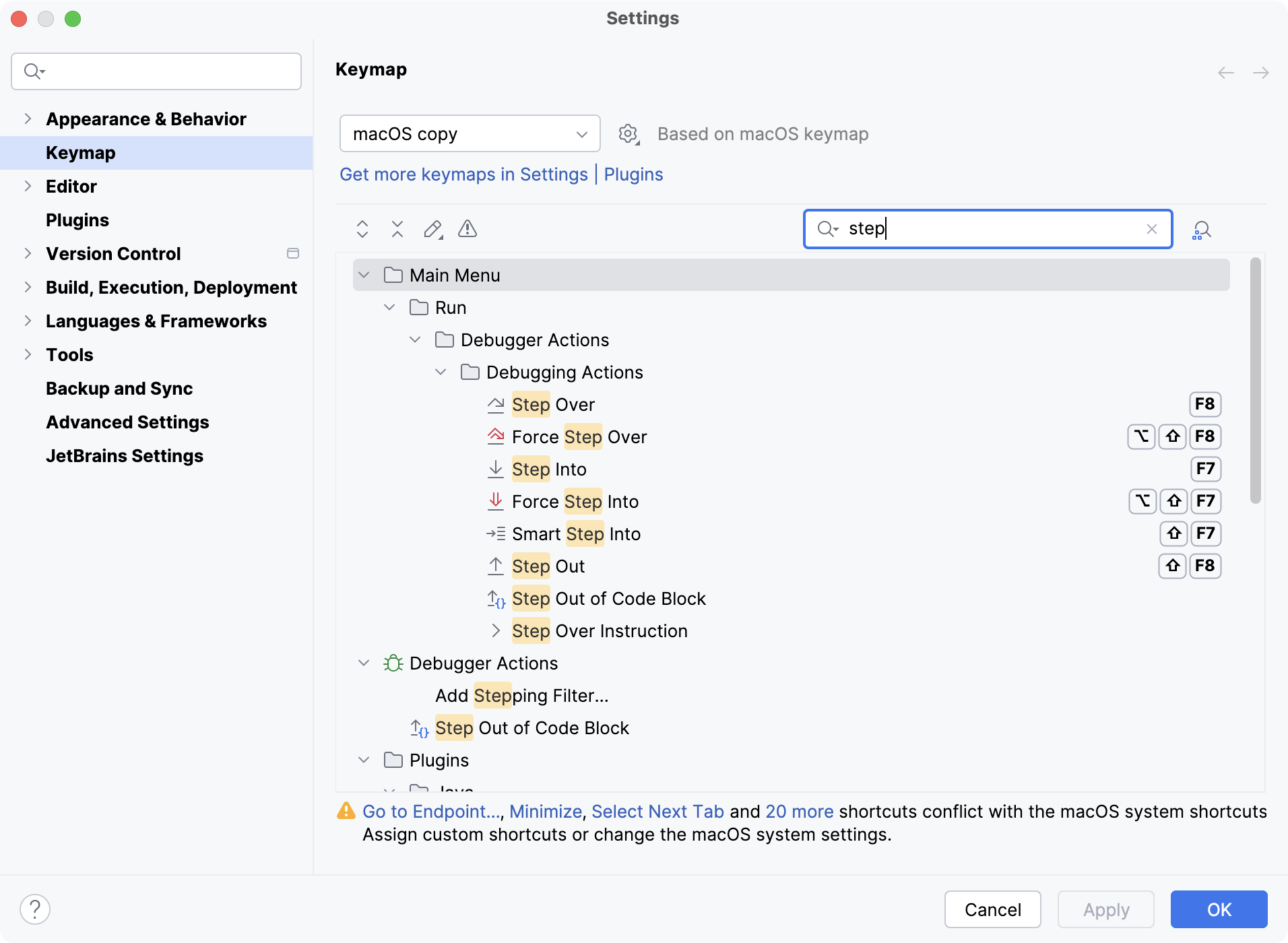 Selected keymap and action in search