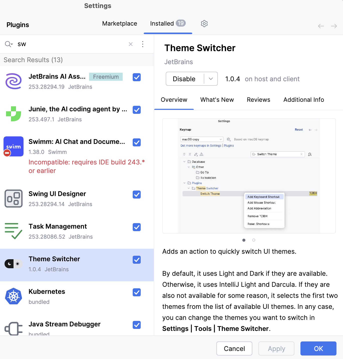 The Plugins settings dialog