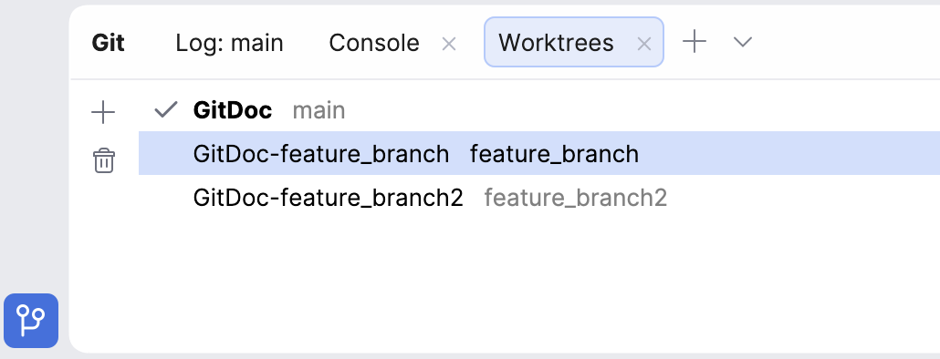 Worktrees tab in the Git tool window with several worktrees Worktrees tab in the Git tool window with several worktrees