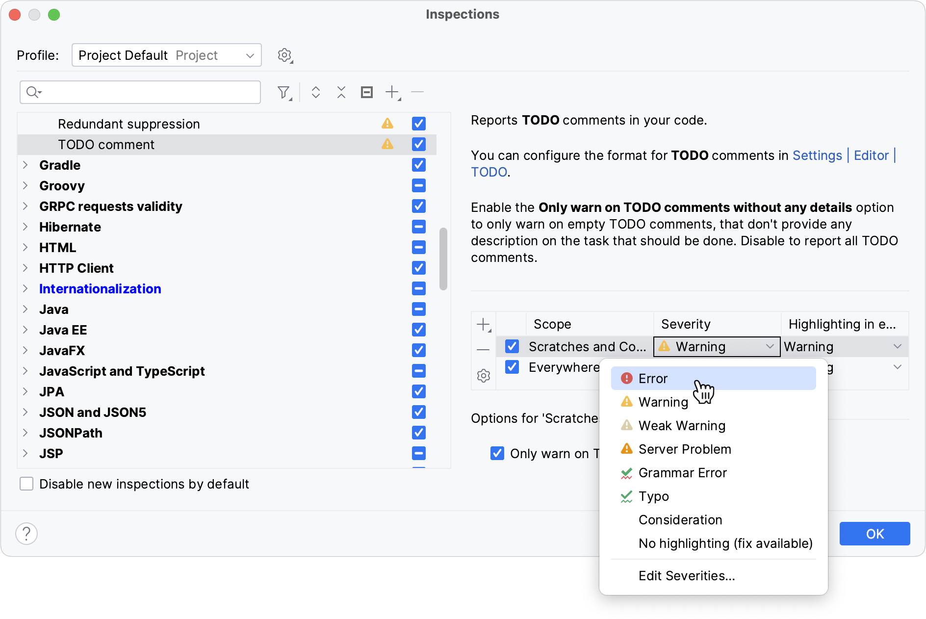 Changing inspection severity by scope Changing inspection severity by scope