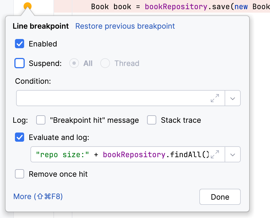 'Line breakpoint' popup with an expression in the 'Evaluate and log' field and cleared 'Suspend' checkbox