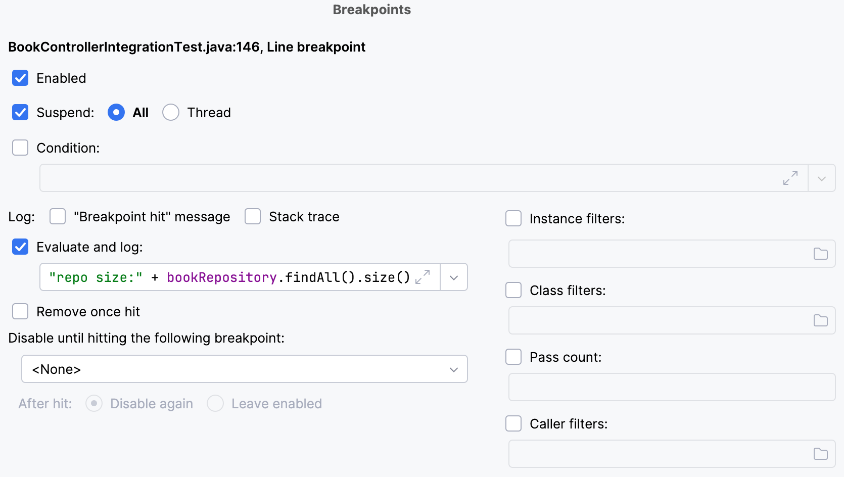 'Breakpoints' dialog with an expression in the 'Evaluate and log' field