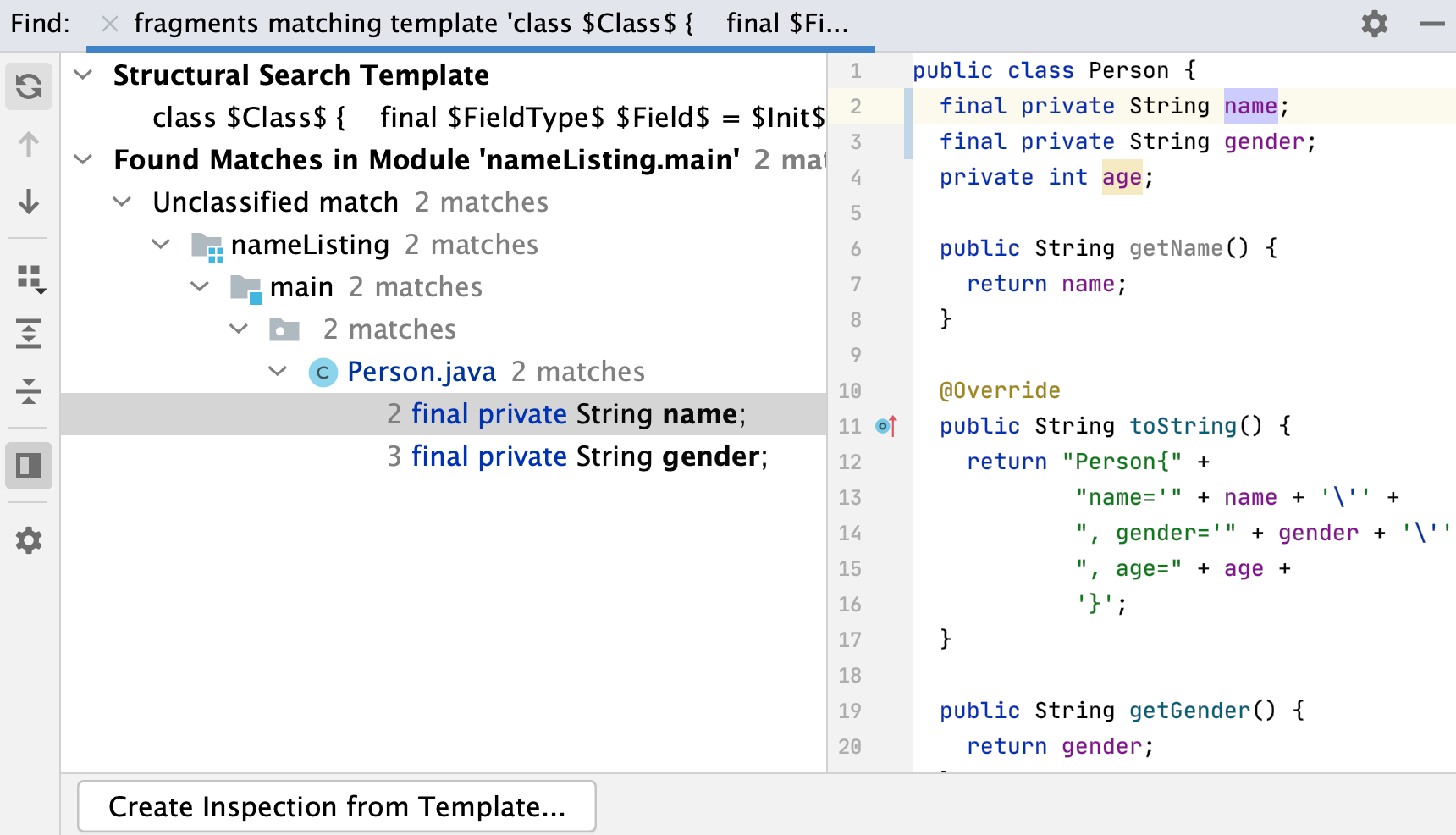 Find tool window: final field search result