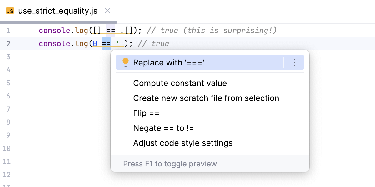 Replace loose equality with strict equality - context action