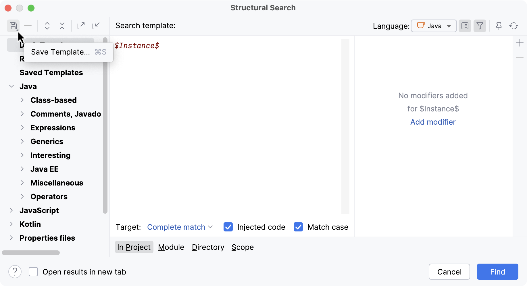 The Structural search and replace dialog