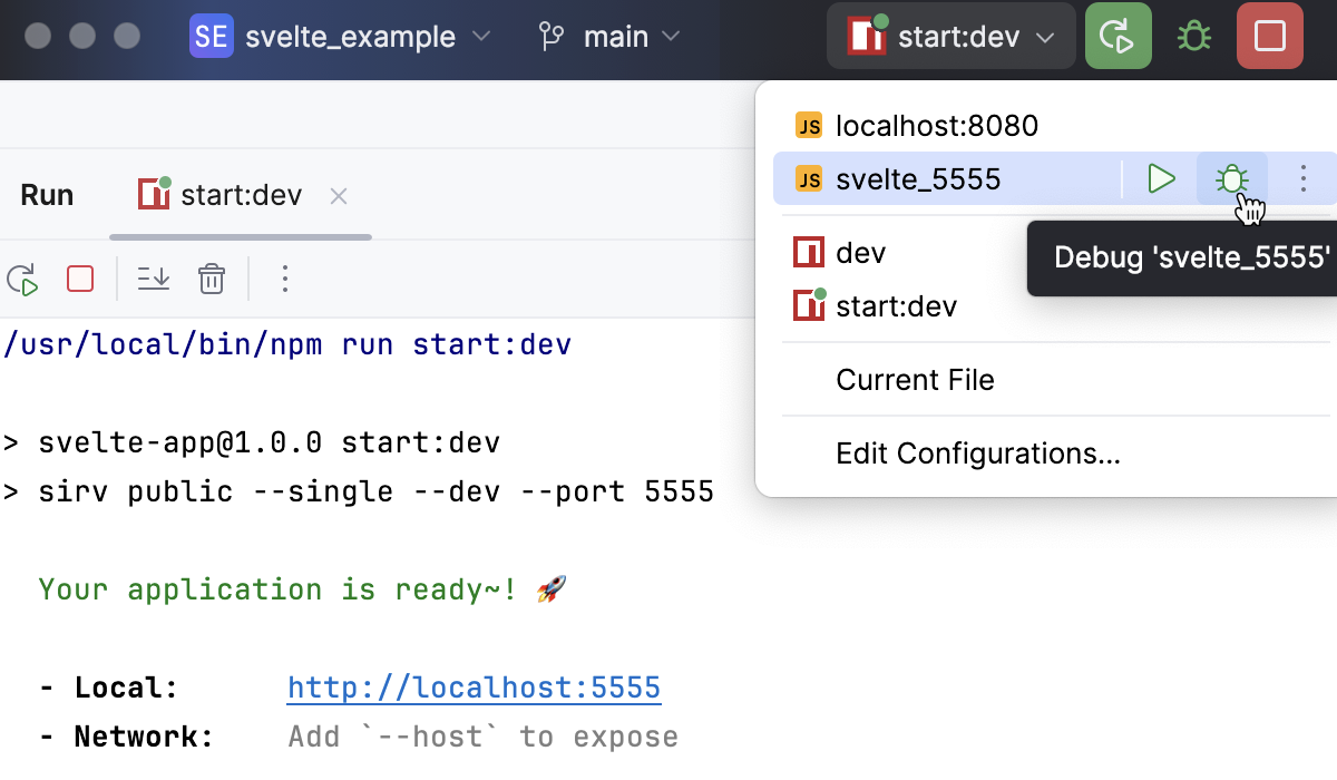 Run a JavaScript Debug configuration from the Run widget Run a JavaScript Debug configuration from the Run widget