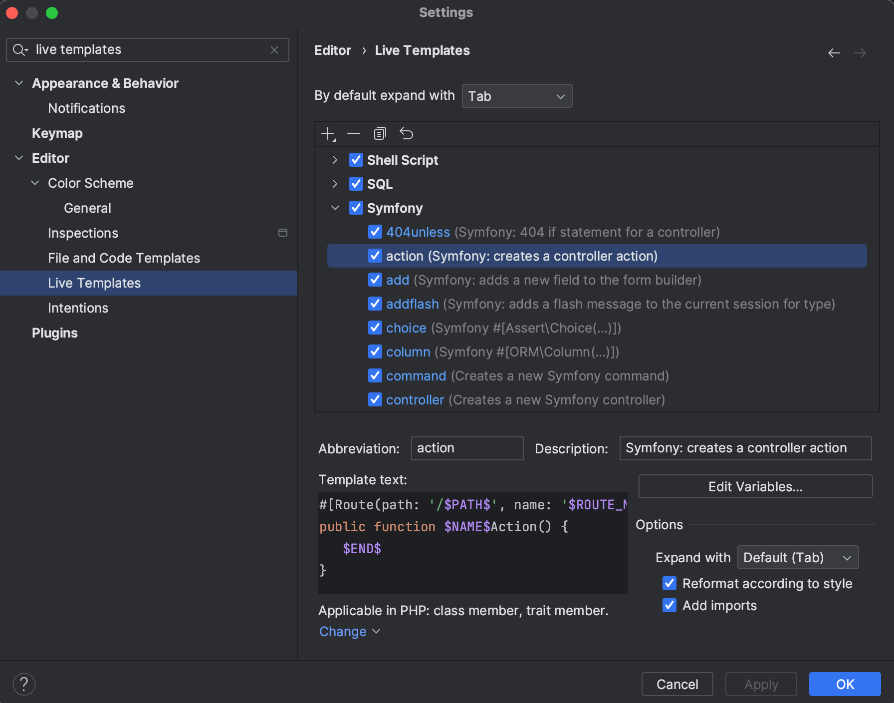 Symfony のライブテンプレート | PhpStorm ドキュメント