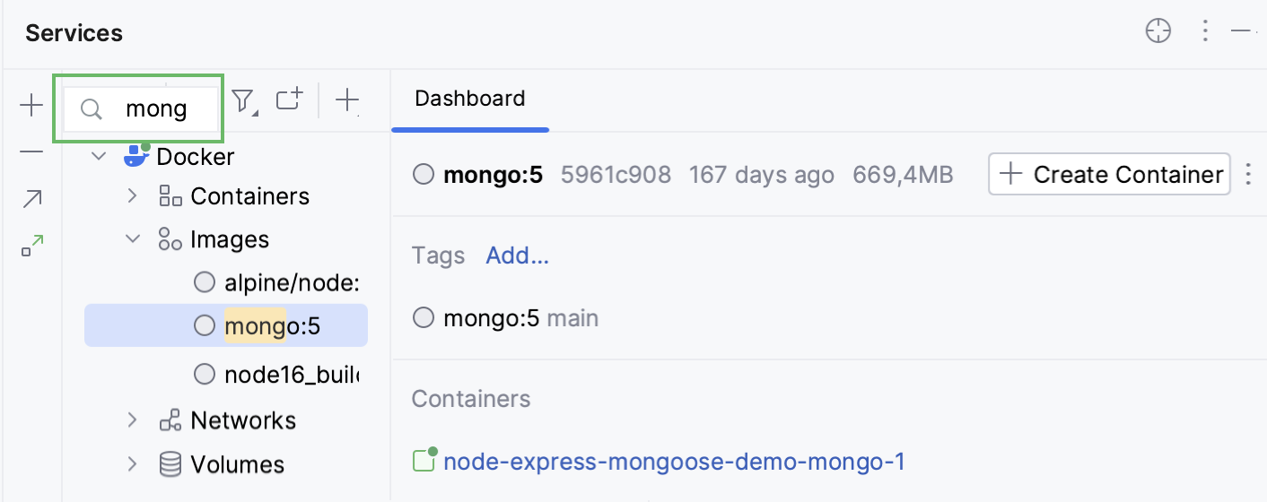 The Services tool window, text search The Services tool window, text search