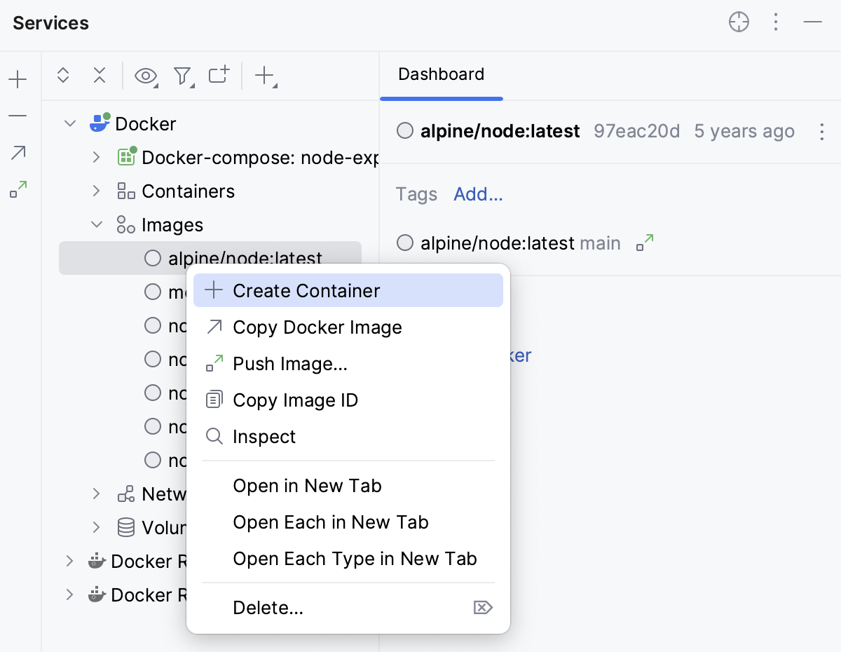 The Create container context menu item The Create container context menu item