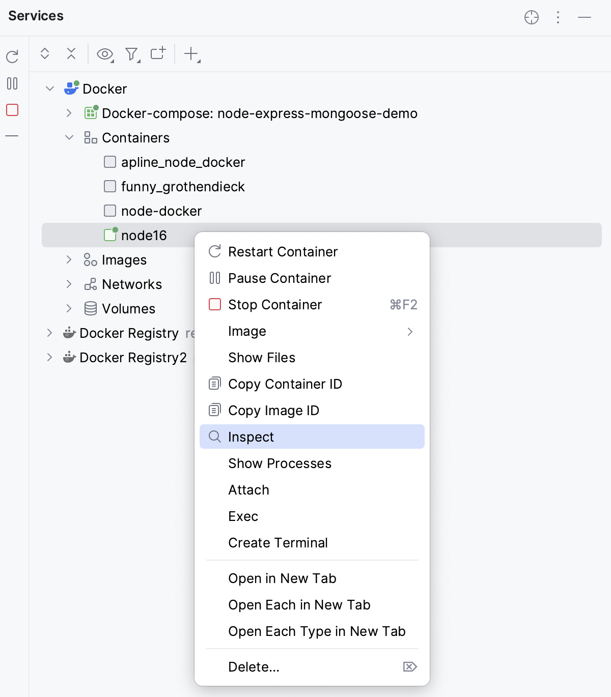 Inspect container - menu Inspect container - menu