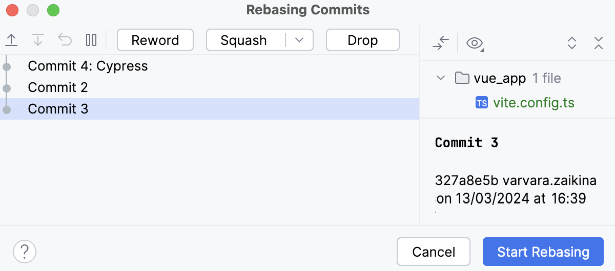 Interactive Rebase dialog Interactive Rebase dialog