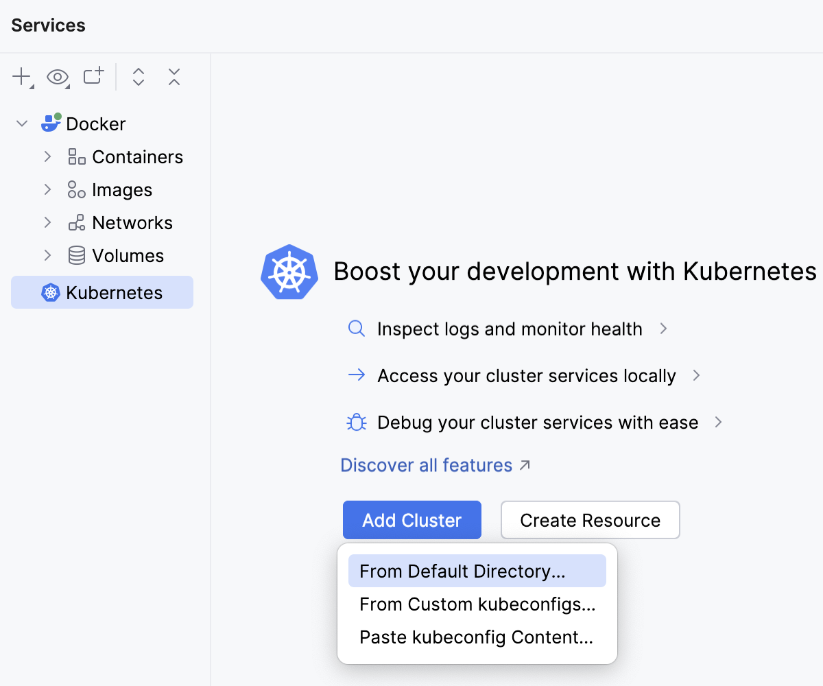 Adding a new cluster from the Kubernetes welcome screen in the Services tool window