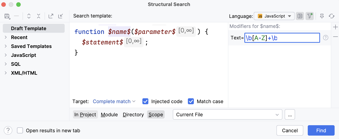 Add a regular expression in the filter dialog
