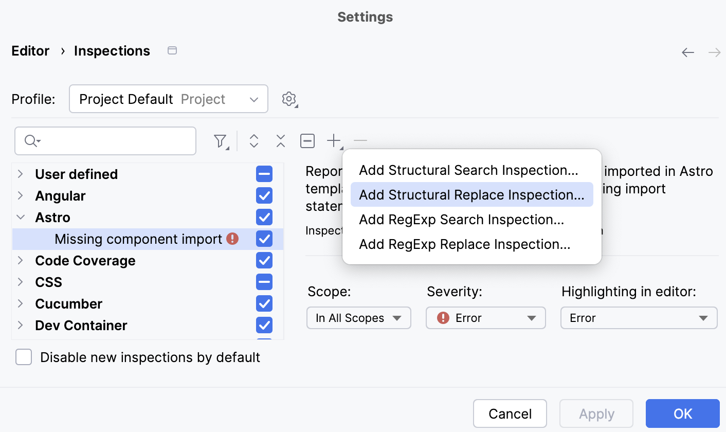 Adding a new Structural Search and Replace inspection