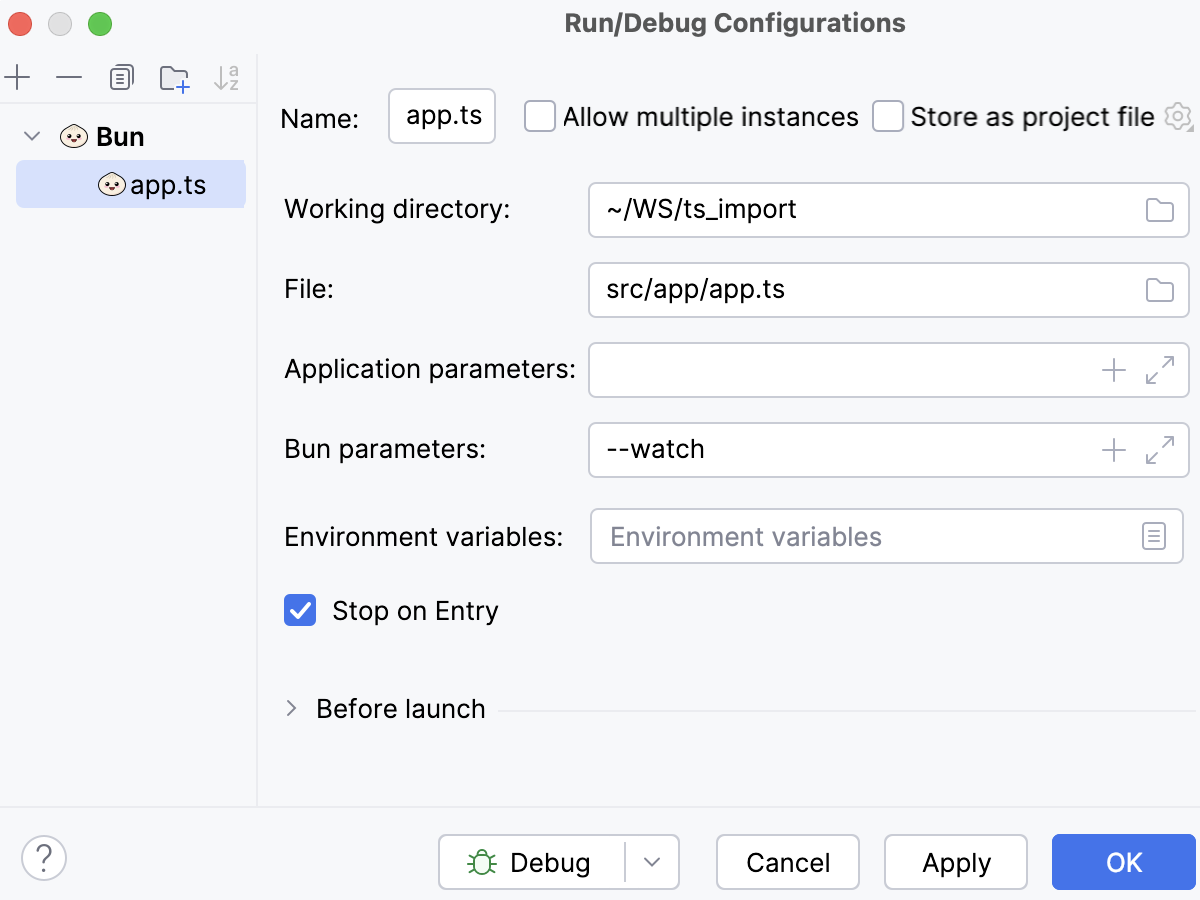 Run/debug configuration: Bun