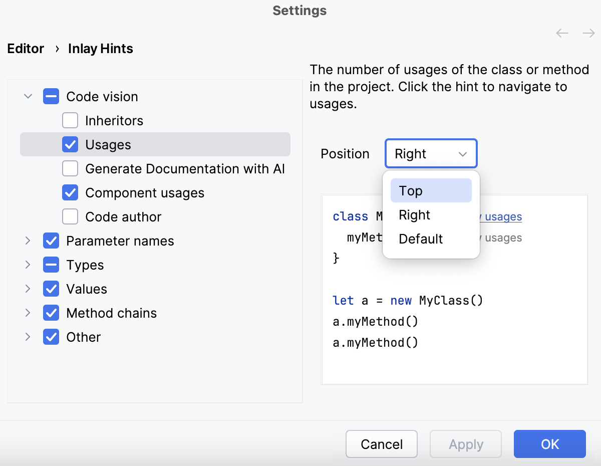 Configure position for inlay hints in the Settings dialog