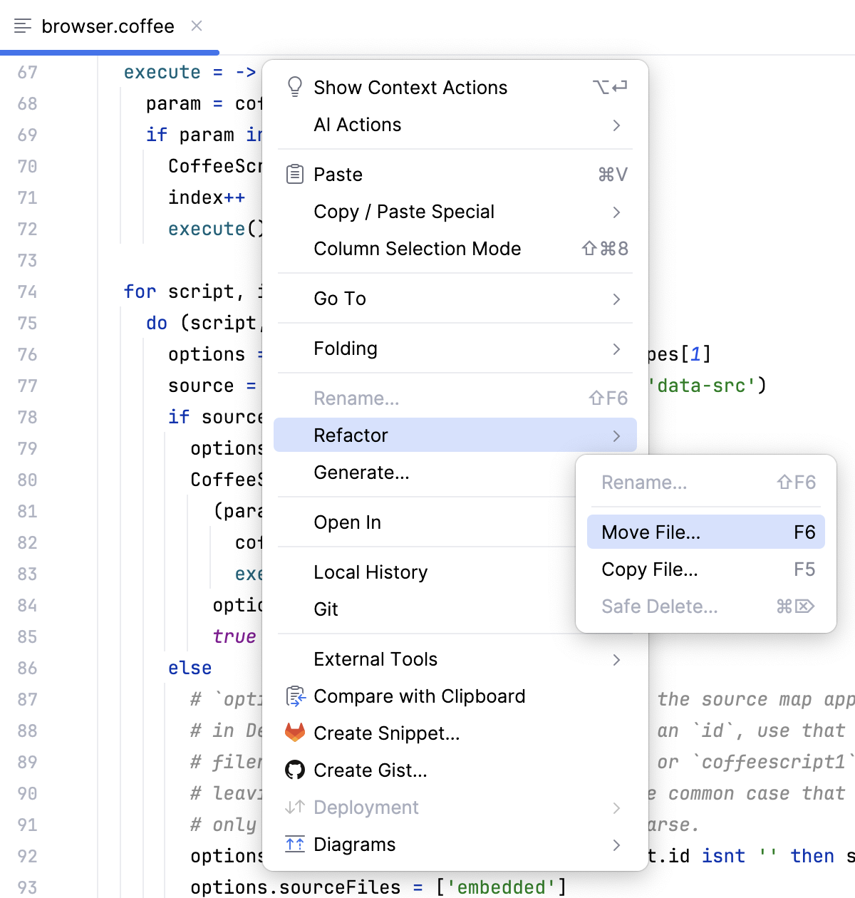 Refactoring CoffeeScript - invoke actions from the editor